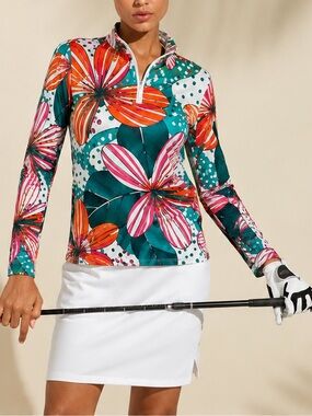 Acegolfs UPF 50+ 1/4 Zip Tropical Print Golf Tennis Pickleball XL